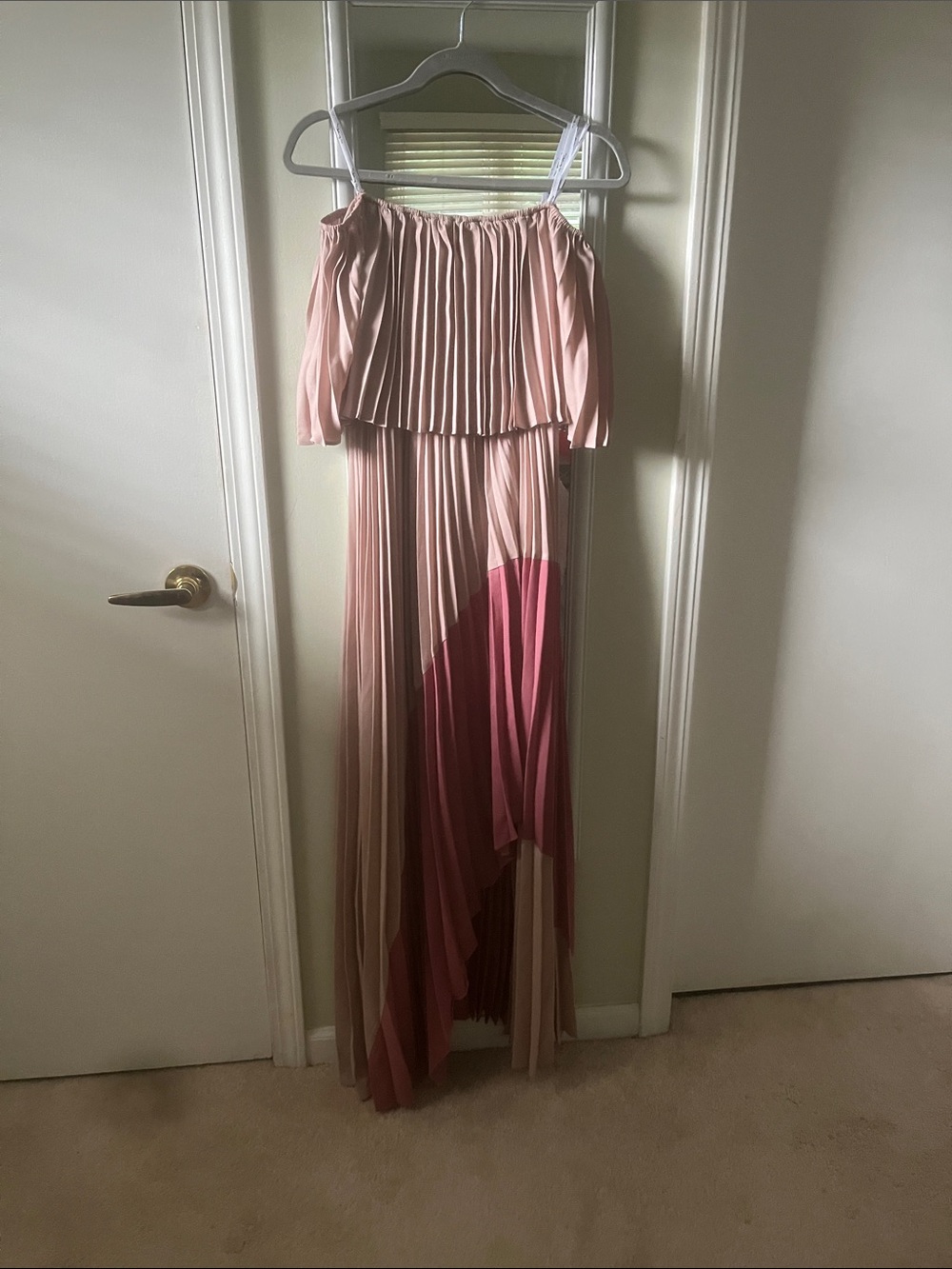 AKIRA Pleated Off-Shoulder Maxi Dress in Blush and Rose
